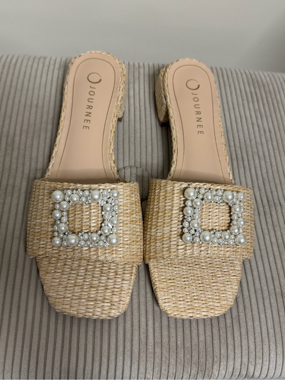 Journee Collection Natural Straw Slide Sandals with Pearl Buckle